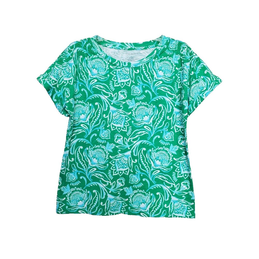 Talbots Smocked Shoulder Green Floral Paisley Short Sleeve T-Shirt Size Medium
